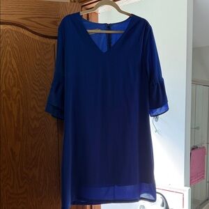 Women's V-Neck Royal Blue Shift Dress with Flounce Sleeves